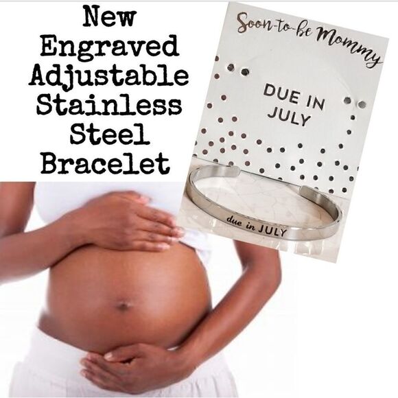 Stainless Steel July Soon To Be Mommy Due In Engraved Bracelet NEW - Picture 1 of 6